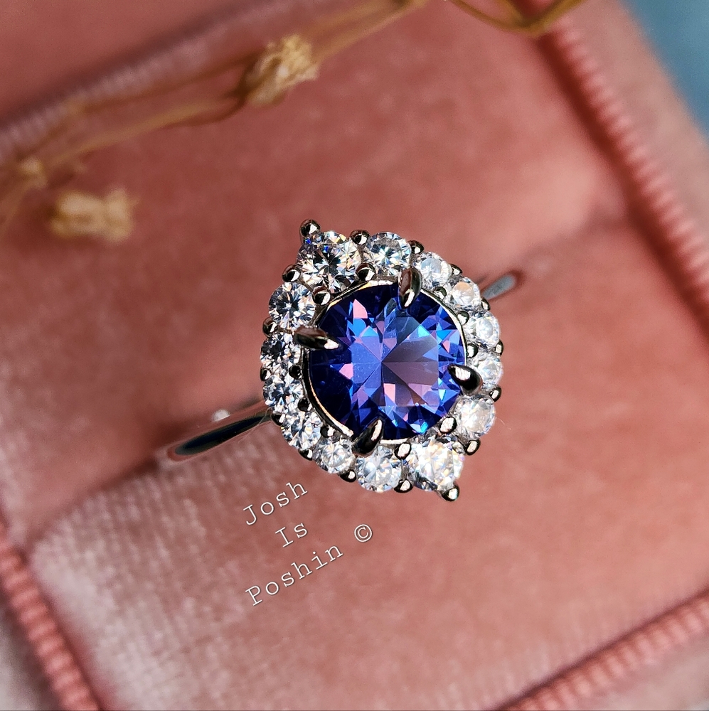 0.8CT Tanzanite halo diamond ring in sterling silver